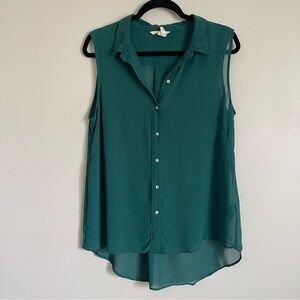 H&M Green Sleeveless Mother Pearl Button Up Collar Blouse Semi Sheer Sz 12
